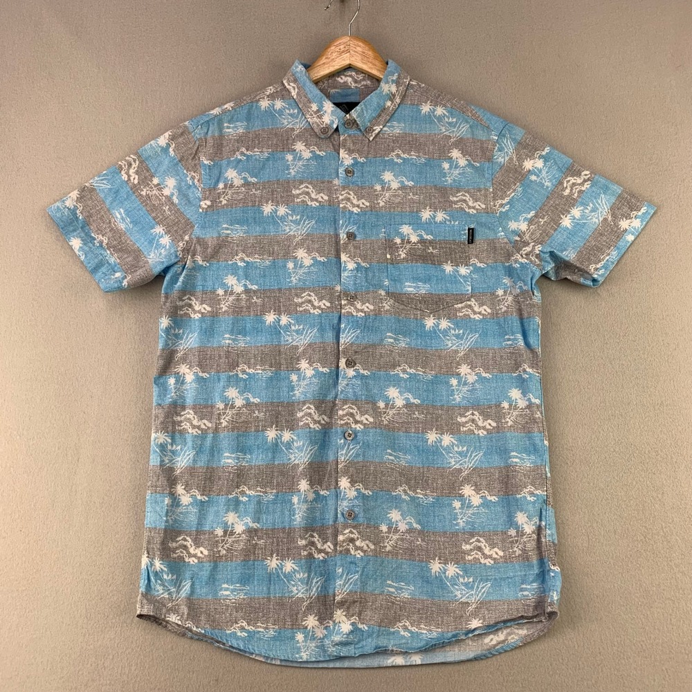 Molokai Surf Co Shirt Mens Medium Blue Striped Palm Tree‎ Tropical Cotton Retro